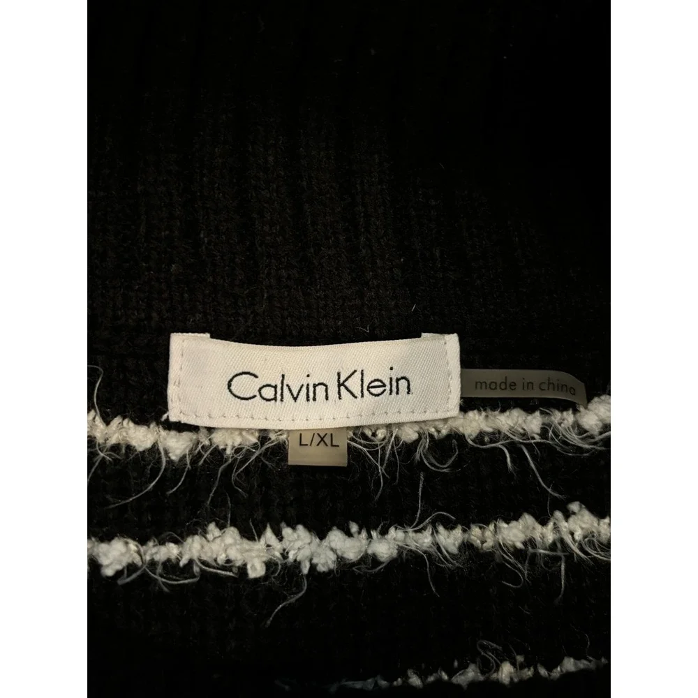 Calvin Klein Sweater Womens L/XL Cowl Neck Poncho Shawl Black White Buckle Heavy